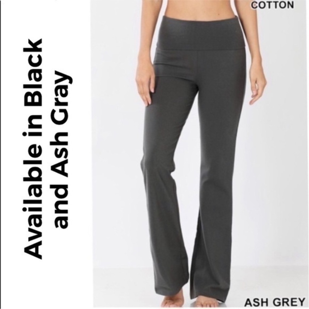 Cotton Yoga Pants with Fold Over Waistband in Black or Ash Gray NEW
